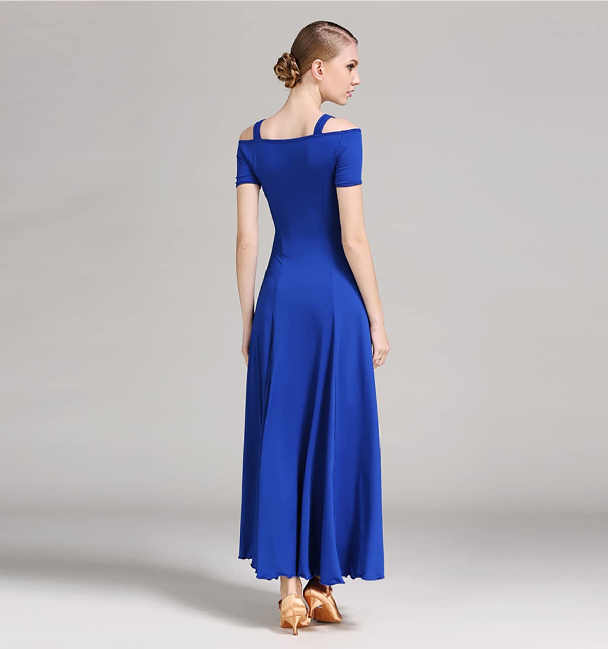 Kobieta? moda seksowna sukienka na ramię solidna długa sukienka na imprezę elegancka sukienka nowoczesna walc ubrania do tańca balowego taniec duża spódnica swingowa odzież performance (L, niebieski)