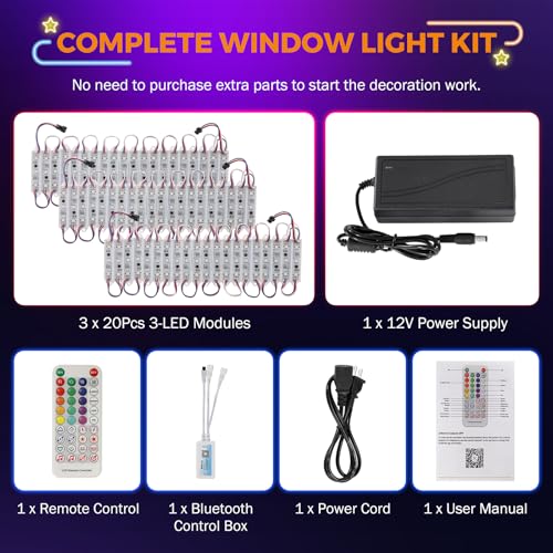Image of BEAMNOVA 30Ft Stip Lights Kit, 60pcs RGB LED Modules, Remote, Bluetooth App Control, DC 12V Voltage Transformer, Adhesive Waterproof Commercial Storefront Lights, No Lens
