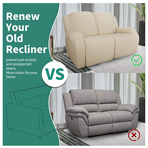 Image of YEMYHOM 6 Pieces Stretch Loveseat Recliner Slipcover Jacquard Recliner Sofa Cover with Side Pocket Fitted Recliner Cover Couch Furniture Protector with Elastic Bottom (Loveseat Recliner, Beige)