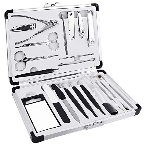 21 piece Professional Manicure Pedicure Set With Makeup Brushes | Silver Case | Nails Feet Care