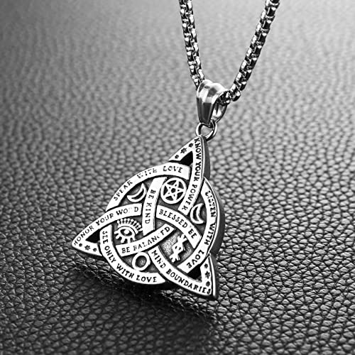 HZMAN Double Sided Stainless Steel Triple Goddess Triquetra Necklace Celtic Knot Irish Christian Trinity Knot Pendant2