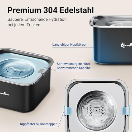 DownyPaws 3L Wassernapf Hund ohne Sabbern, 304 Edelstahl, Schwarz
