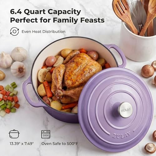 Image of Zulay Kitchen 6.4QT Enameled Cast Iron Dutch Oven Pot with Lid, Heavy-Duty Soup Pot for Stews, Braising, Roasting & Sourdough Bread Baking, Oven Safe up to 500F - Lavender Jade