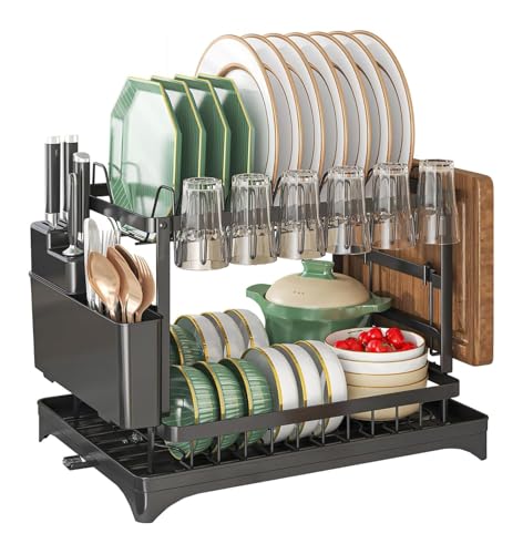 MIMOCASA Escurreplatos sobre Fregadero, Escurreplatos Acero Inoxidable de 2 Niveles Gran, Escurridor de Platos con Desagüe Soporte para Utensilios y Portavasos, Negro