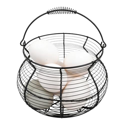 Cesta de huevos de alambre - Diseño negro de vientre ancho con asas, cesta de recolección de huevos de metal | Huevera rústica de pollo y para mostrador de encimera de cocina de