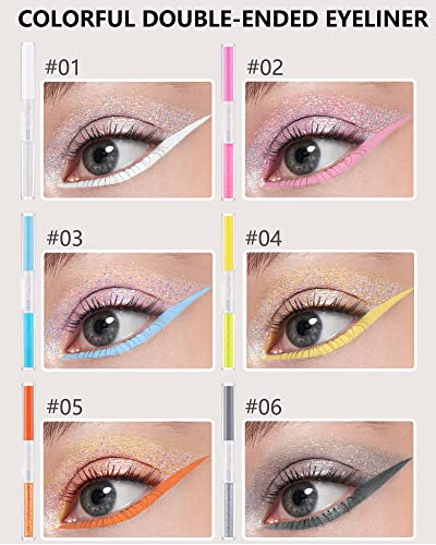 2 In 1 Matte Glitter Double-Ended Liquid Eyeliner Set- 6 Pcs Colored Neon White Pink Yellow Grey Blue Orange Eye Liner Eyeshadow For Women Waterproof Long Lasting Eyeliner Pencil Eye Makeup Kit-Set A #TOP1