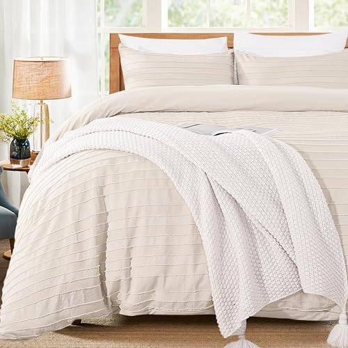 Image of NEXHOME PRO Duvet Cover,Beige 3 Pieces Boho Tufted Duvet Cover Set, Soft and Lightweight 100% Washed Microfiber Comforter Cover Set for All Season(Beige Cal King, 104 x 98)-No Comforter