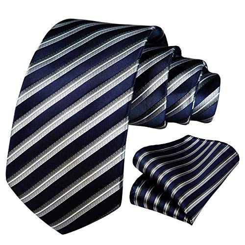 Image of HISDERN Stripe Tie Mens Ties with Pocket Square Set Classic 3.4'' Silk Formal Necktie Handkerchief for Business Wedding