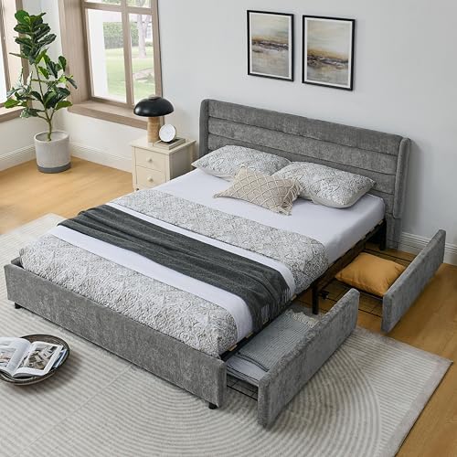 OKMYHOME Cama doble 160 x 200 cm con 4 cajones tapizados 90 x 200 cm somier de láminas para niños, adolescentes adultos sin colchón chenilla gris oscuro
