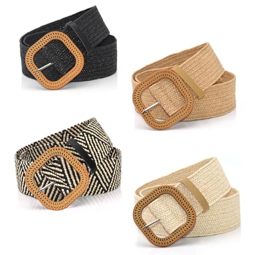 HMIEPRS 4 Piezas Cinturones Tejidos de Paja, Cinturón Elástico de Mujer con Hebilla de Madera, Cinturones Trenzados de Moda Boho para Mujeres para Vestidos y Pantalones Vaqueros (Cuadrado)