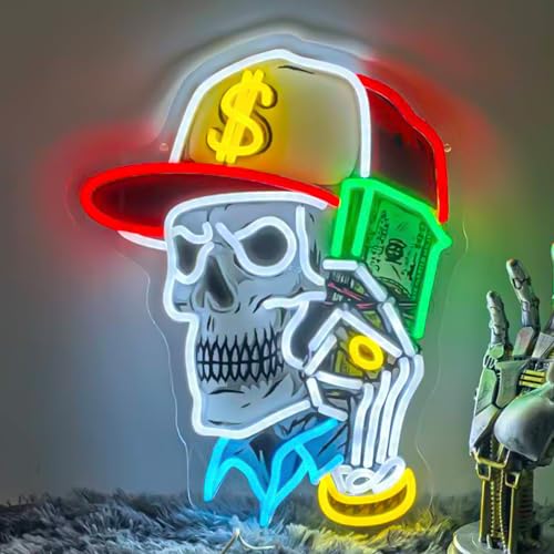 Image of Skull & Dollar Dreams LED Neon Sign USB Powered for Wall Decor, Horror Bones Neon Night Light Sign Dimmable for Boys Room Party Decor Halloween Birthday Gifts