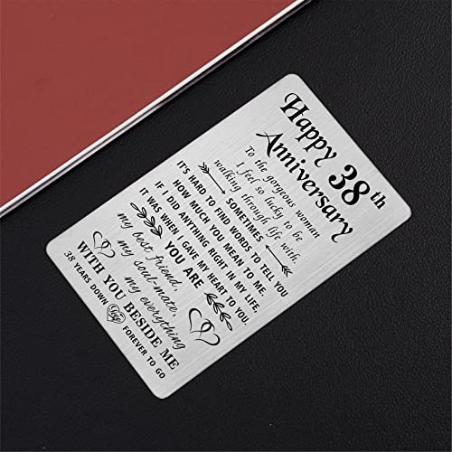 TANWIH 38th Anniversary Card for Her Wife, 38 Year Anniversary Card Gifts for Her Women, 38th Wedding Anniversary for Wife, Engraved Metal Wallet Cards3