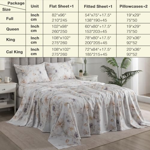Image of Vintage Brown Floral Percale Sheets Queen Size, Deep Pocket, 4Pcs | 100% Cotton White Sheet Set, Patterned Farmhouse Bed Sheets, French Country Bedding, Warm Sand Flower, Botanical, Soft Crisp
