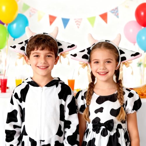Image of Cow Ears and Horns Headband, Cow Headband with Bells, Plush Animal Headbands for Women and Men Christmas Animal Theme Cosplay Birthday Party