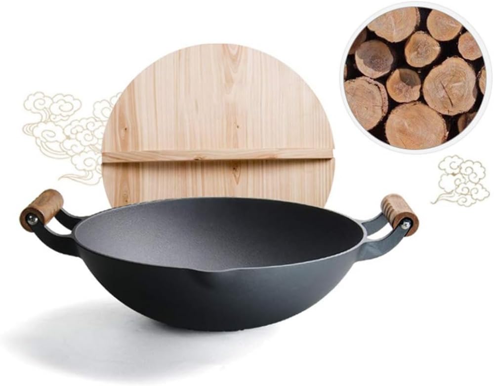 Wok in Ghisa Pre-Stagionato da 14 Pollici, Mestolo E Coperchio per Wok, Non Arrugginisce