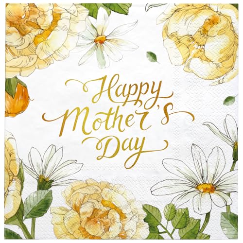 LeZakaa 50Pcs Mothers Day Paper Napkins 3-Ply Yellow Floral Happy Mothers Day Gold Foil Cocktail Beverage Bar Square Disposable Napkins for Mom Wife Grandma Tableware Party Supplies 5 x 5