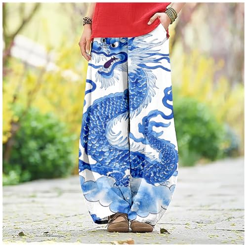 Womens Linen Pants Baggy Wide Leg Pants Dragon Print Flowy Boho Harem Sweatpants Lantern Trousers Elastic Waist3