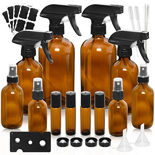 Pomeat Glass Sprays Bottle Kits, Empty Amber Glass Sprays Bottles (16OZ, 8OZ, 4OZ, 2OZ) x 2, with Labels for Aromatherapy Cleaning Products, 10 ML Essential Oils Roller Bottle x 4