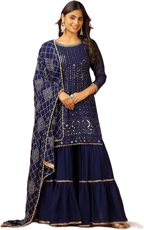 Image of Women's Designer Chinon Silk Sharara Suit Set, Sequence Embroidery Kurti with Tiered Sharara and Dupatta