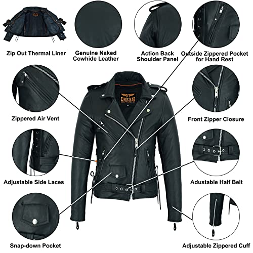 Dream Apparel Women’s Classic Leather Motorcycle Jacket with Zip Out Lining, Biker Jacket for Ladies with Side Laces, Black - Image 4