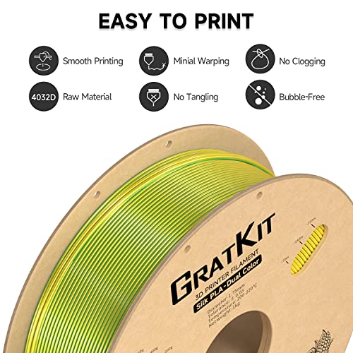 Image of Gratkit Silk Dual Color PLA Filament, Coextrusion PLA Filament 1.75mm, + /-0.03mm, 1KG /Roll, Silk PLA Yellow & Green