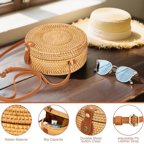 Handwoven Round Rattan Purse for Women, Adjustable Leather Shoulder Strap, Boho Straw Beach Bag, Lightweight & Durable for Travel, Wedding, Vacation3