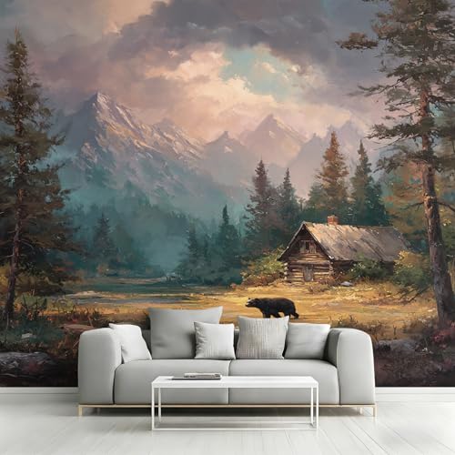 Fresque murale intissé haute définition paysage de montagne et ours sauvage