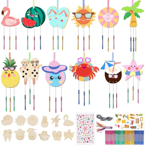 12 Stück Windspiel Bastelset Kinder, Sommerstrand Holz Windspiel Bastelset für Sommer Hawaii Party Dekoration, Holz Klangspiel Basteln Deko Garten Kreative für Mädchen Junge Kindergeburtstag Party