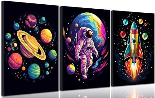 Amazon.com: 3pcs Nursery Astronaut Canvas Wall Art Abstract Colorful ...
