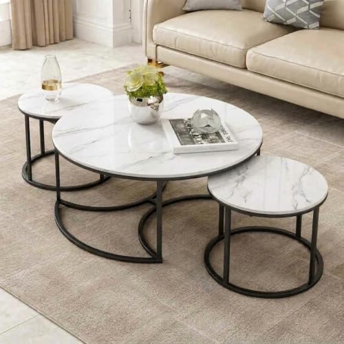 Image of 3 Piece Living Room Table Set, 1 Center Table and 2 End Nesting Tables NO-Tools Assembly Round Stacking Coffee Side Tables for Small Spaces, Nightstand Bedside Table White and Black