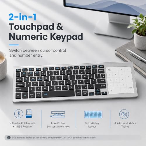 LAMA Wireless Keyboard with Numeric Touchpad, Dual Mode Bluetooth + 2.4GHz USB Computer Keyboards, Bluetooth Trackpad TV Keyboard for for PC, Laptop, Tablet, Phone, Windows, Android, Mac, iOS(B+S) — view 8