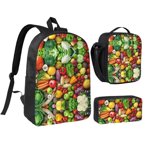 Mochila con fiambrera y estuche de 17 pulgadas con estampado de frutas negras