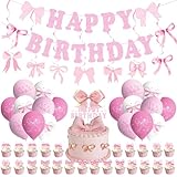 ZXTGBQ Décorations D'anniversaire avec Nœud Rose, Decoration Anniversairel, Kit de Fête avec Ballons, Bannière Joyeux Anniversaire, Cupcake Toppers, pour Anniversaire d'Enfant, Fille et Femme