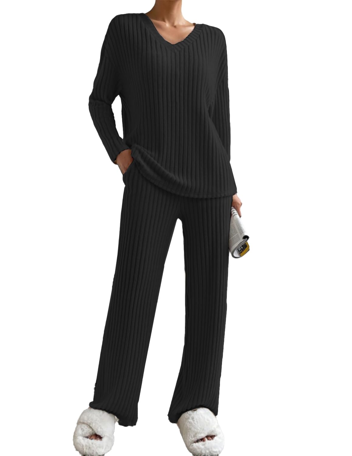 Femme Ensemble de Costume 2 Pièces Manches Longue Tricot Côtelé Pantalon Droit Survêtement Col en V Automne Hiver