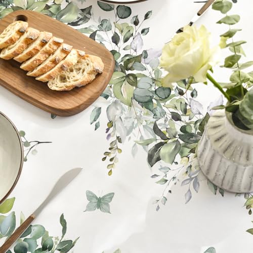 Image of Horaldaily Spring Tablecloth 60 x 120 Inch Rectangular Green Eucalyptus | Seasonal Washable Table Cover for Party Picnic Dinner Decor
