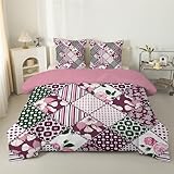 Couette 260x240 cm Patchwork écossais, Couette 240x260 Legere 4 Saisons   Couette Imprimée Rayures Florales pour Lit 2 Personnes, Edredon Réversible sans Houss et 2 Taies d'oreiller 65x65 cm