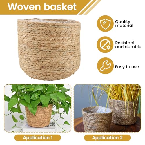 Aboiledy Pot de fleurs en jonc de mer – Pot de fleurs tissé – Panier décoratif avec insert en film plastique de style bohème S facile à utiliser – vue 2
