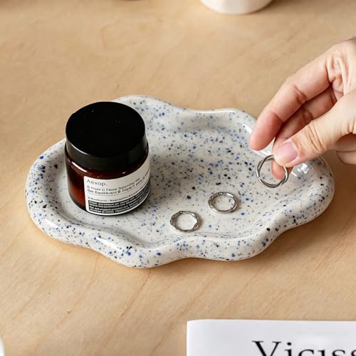 Image of Jewelry Dish Trinket Tray for Women, Ring Dish Holder, Unique Cloud Shape Ceramic Plate Cute Things Vanity Aesthetic Room Decor Mother's Day Birthday (Marble Blue)