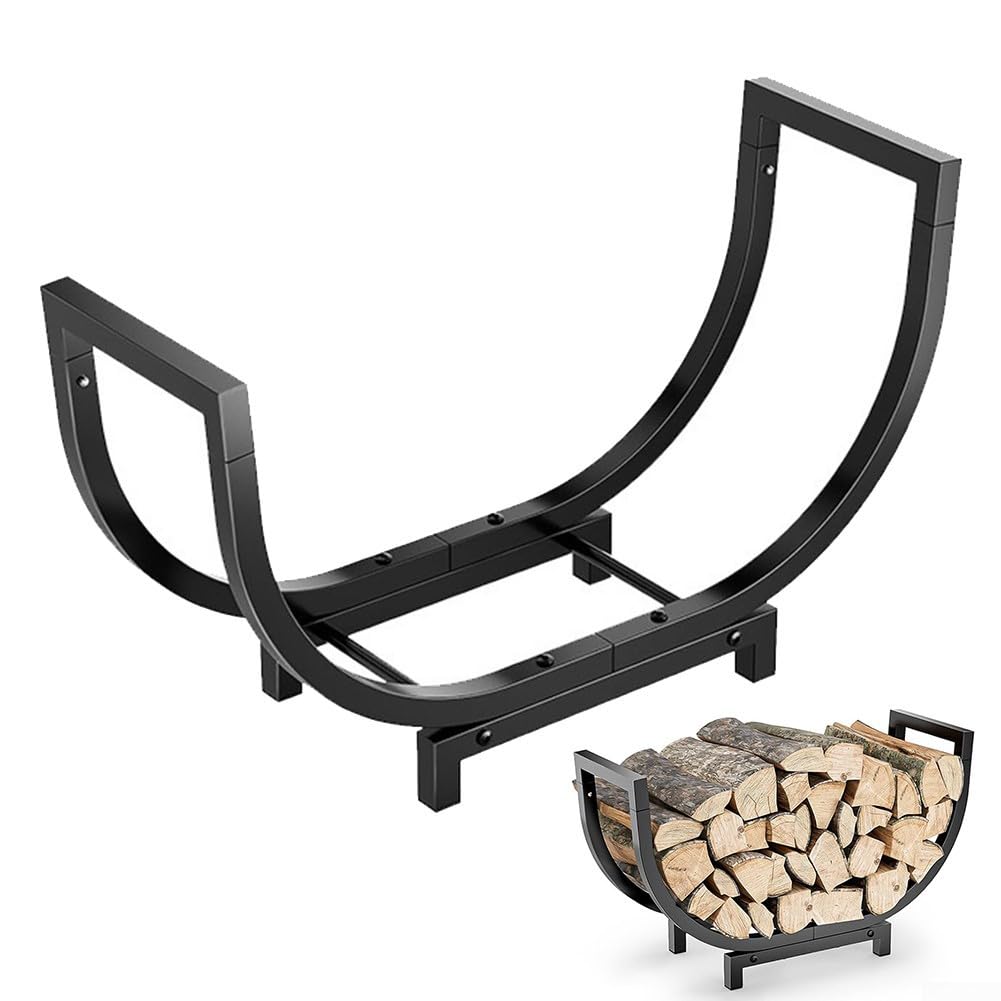 Estante de almacenamiento de leña de 24 pulgadas, soporte de troncos para interiores y exteriores, marco de hierro forjado resistente al calor con asas arqueadas, soporte de madera para chimenea para