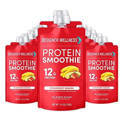 Designer Wellness Protein Smoothie Strawberry Banana 12g Whey Protein Real Fruit Smoothie Snack No Added Sugar Low Carb Gluten-Free Shelf-Stable Protein Pouches with MCT Oil - 12 Pack