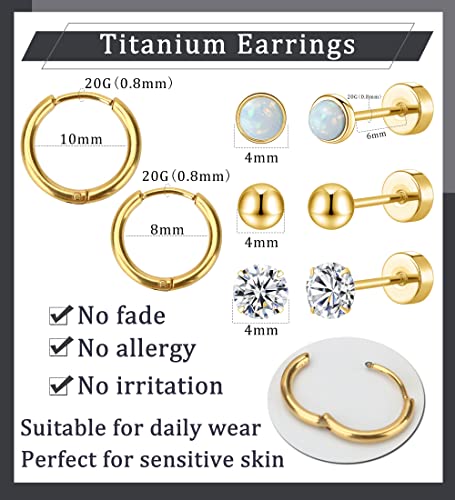 Mjust Titanium Earrings For Sensitive Ears 20G Titanium Stud Earrings And Hoop Earrings Ball Opal Cubic Zirconia G23 Pure Titanium Cartilage Earrings Hypoallergenic Flat Back Earrings(Gold) #TOP3
