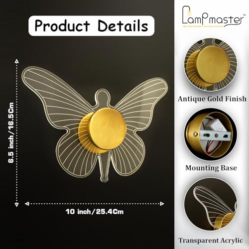Image of Lampmaster Golden Butterfly LED Wall Light | 3 Color Modes Acrylic Wall Sconce for Bedroom, Living Room, Kids Room, Vanity, Decorative Modern Wall & Ceiling Lamp | Pack of 2