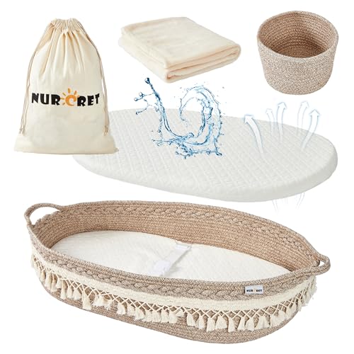 Image of Baby Changing Basket, Foldable Portable Changing Pad, Moses Basket for Newborn, Changing Table Topper for Dresser, Cotton Rope Diaper Caddy for Travel&Nursery, Waterproof Foam Pad Cover, Brown