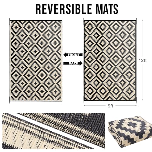 OLANLY-Waterproof-Outdoor-Rug-9x12-ft-Reversible-Plastic-Straw-Patio-Rug-for-Camping-RV-Mat-Outside-Indoor-Outdoor-Carpet-for-Porch-Deck-Backyard-Camper-Balcony-Picnic-Black-Beige