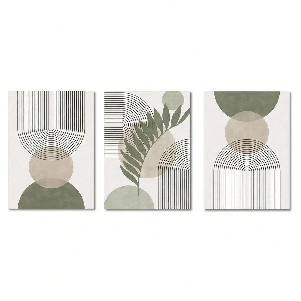 Modern Botanical Poster Prints, Nordics Style Sage Green Plant Abstract Bohemian Geometric Wall Art Canvas Paintings(60x90cmx3/Without frame)