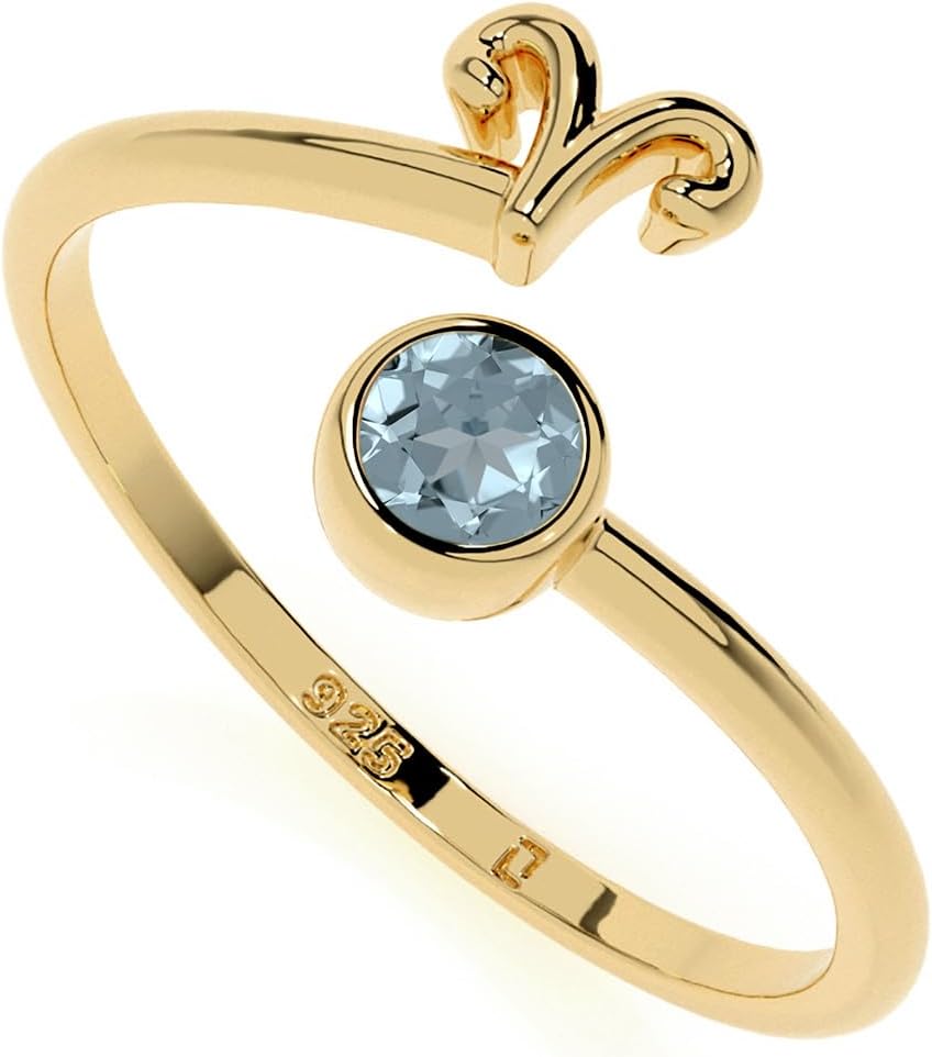 Natural Gemstone with Zodiac Sign, Stackable Ring for Women in Sterling Silver/Yellow Gold Vermeil, Birthstone Jewelry Gifts for Her (Bezel-Set)