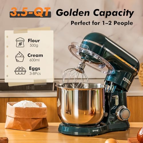 Image of Kitchen in the Box Stand Mixer, 3.5 QT Small Kitchen Electric Stand Mixers, 10-Speed Portable Lightweight Dough Mixer for Daily Use with Egg Whisk, Dough Hook, Beater (Dark Green)