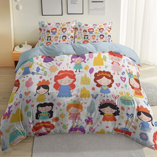 Genérico Funda Nordica Cama 180, con Lindo Dibujos Animados Princesa Corona patrón 100% Microfibra 1 Funda Nordica 220x240 + 2 Fundas de Almohada 50x75 - Azul Cielo a los ácaros del Polvo