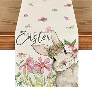 Artoid mode daisy bunny rabbit easter table runner seasonal spring kitchen dining table decoration for home party decor 13×72 inch  urban country home decor