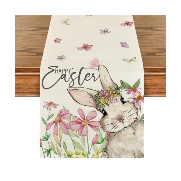 Artoid mode daisy bunny rabbit easter table runner seasonal spring kitchen dining table decoration for home party decor 13×72 inch  urban country home decor